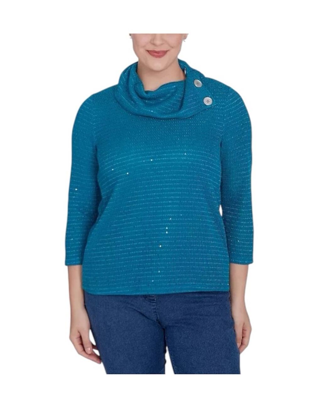 Ruby Rd Split Cowl Neck Sequin Knit Top Teal Green Glitter Shimmer Size Large